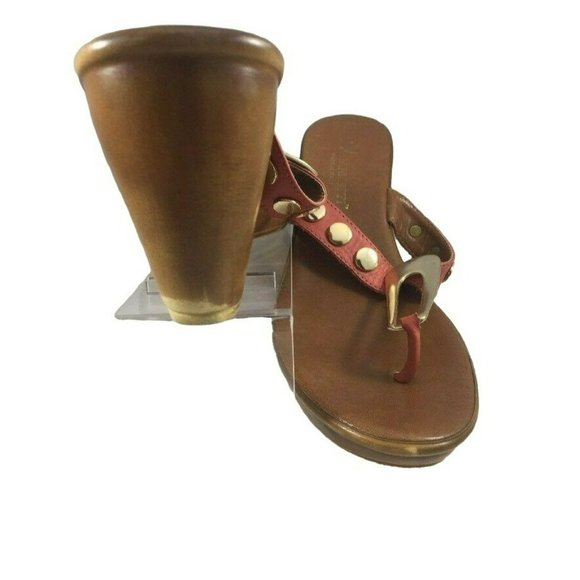 A Giannetti Womens Italian Size 9 Wedge Heels Coral Brown Pink Gold Slip On Sand - Picture 3 of 11